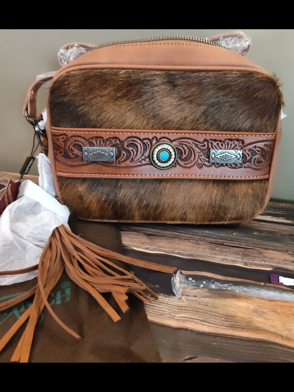 Trinity Ranch Leather Hair-on Hide Crossbody Bag with Turquoise Concho & Fringe